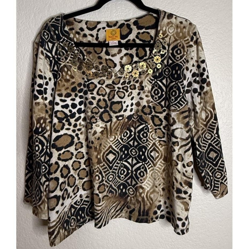 Ruby Rd. Petite PXL Top Animal Tribal Print Brown Sequin Scoop Neck 3/4 Sleeve